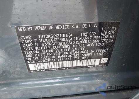 2024 Honda Hr-V Awd Lx z USA, uszkodzony, nr VIN 3CZRZ2H3XRM745155